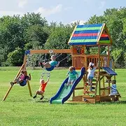 Backyard Discovery Northbrook All Cedar Wooden Swing Set, Monkey Bars, Large Upper Deck with Colorful Canopy, Ships Wheel, Play Telescope, Sandbox, Snack Bench, Rock Wall, Slide