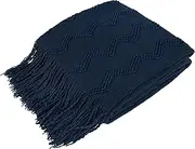 PAVILIA Navy Blue Knit Throw Blanket for Couch, Soft Knitted Boho Blanket, Farmhouse Home Decor Woven Throw, Cozy Decorative Afghan Bed Sofa, Outdoor Summer Fall Gift, Lightweight, Dark Blue, 50x60