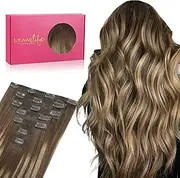 WENNALIFE Seamless Clip In Hair Extensions Human Hair, 18 Inch 130g 7pcs Balayage Chocolate Brown to Honey Blonde Real Hair Extensions Clip in Human Hair Invisible PU Skin Weft Natural Remy Human Hair Extensions
