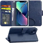Arae Compatible with iPhone 13 Case with Card Holder and Wrist Strap Wallet Flip Cover for iPhone 13 6.1 inch-Blue