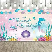 Stibest Under The Sea Mermaid Birthday Party Backdrop Girl Princess Mermaid Scales Photo Booth Banner, Purple Blue, Polyester, 72.8 x 43.3 Inch