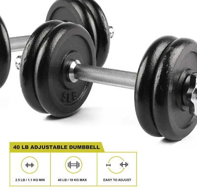 40Lb Adjustable Cast Iron Dumbbell Set Fully-Knurled Handles Chrome & Black