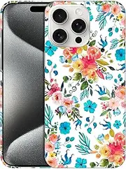 GlamCase for iPhone 15 Pro Max, iPhone 15 Pro Max Case - Floral Pink Teal Watercolor Pattern Printed Slim & Sleek Cute Plastic Protective Designer Back Phone Case/Cover for iPhone 15 Pro Max