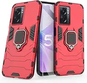 Hybrid Case for Oppo A57s (6.56 Inch), A57 4G 2022 New Released, [2 in 1] with 2.5D Clear Tempered Glass Screen Protector, Armor Rugged Cell Phone Cover Metal Ring Shockproof Military Grade (Red)