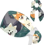 [YTYVAGT] Scrub Surgical Hat,Cycling Hat with Buttons and Cotton Sweatband,Cartoon Pomeranian Dog