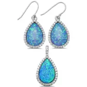 Pear Shaped Blue Opal & CZ .925 Sterling Silver Pendant & Earring Set