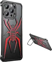 Spider Case with Metal Lens Bracket for iPhone15/14/13promax, Slim Thin Rimless Aluminum Alloy Hollow-out Heat Dissipation Anti-drop Shockproof Stand Phone Case (for iPhone15PRO,B-Red)