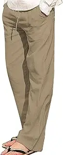 [Generic] Men's Loose Linen Pajamas Pants Casual Lightweight Elastic Waist Yoga Pant Relaxed Open Button Mens Beach Trousers, Khaki, Small