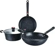 GUDAJIN 3 Piece Stone Cooking Pan, Non-Stick Frying Pan, Home Kitchenware Non-Stick Cookware Set, Pans, Frying Pans and Stew Pans Set for Baking, Grilling, Frying, Roasting