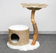 Furbulous Selected Real Wood Cat Tree with Rattan and Plush Fabric for Large Cats, Wood Cat Tower, Cat Scratching Tree, Cat Condo, Cat Lover Gift - 81cm