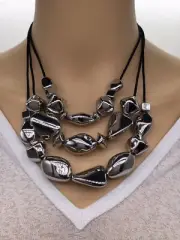 Chicos Black String Cord Necklace With Silver Beads