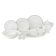 57 Piece Porcelain Dinner Dish Set for 8 White Plates w/ Crocodile Silver Trim