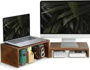 2 Pack Monitor Stand Riser Rustic Brown,Wood 2 Tier Adjustable Monitor Stand
