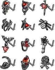 [LOAYHOAY] 12Pcs 20G Stainless Steel Black Nose Rings Halloween Nose Studs Spider Nose Rings Studs L Shaped Nose Studs Bat Skull Gothic Nose Piercing Jewelry