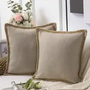 Pack of 2 Farmhouse Decorative Throw Pillow Covers Burlap Linen Trimmed Tailored Edges ,for Couch Sofa Living Room Decor - Beige