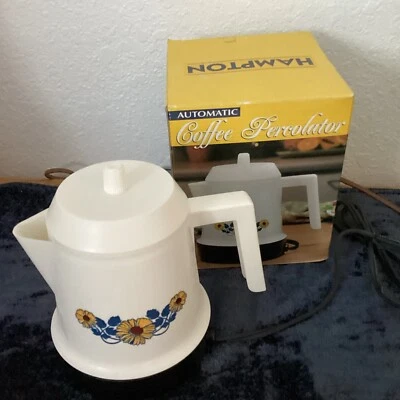 Vintage hampton coffee percolator white w/ sunflowers retro kettle in box Retro
