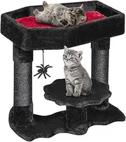 BEWISHOME Cat Tree Tower for Indoor Gothic Cat Trees with Coffin Bed, Gothic Cat House with Scratching Posts, Cat Shelves with Spider Toy, Spooky Coffin Black with Red, Small MMJ91R