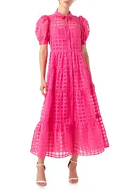 English Factory Grid Pattern Tiered Midi Shirtdress in Fuchsia at Nordstrom, Size Medium