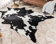 Large Size Faux Fur Black Cow Print Rug 5.2 x 7.2 Feet Faux Cowhide Skin Rug Animal Printed Area Rug Carpet for Home Office Livingroom,Bedroom.