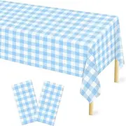 3Pcs Light Blue Checkered Tablecloth, 54 ×108 Inches Rectangle Blue Gingham Tablecloth, Plastic Waterproof Table Cover for Camping, Birthday, Party, Picnic, Outdoor & Indoor Use