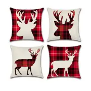 Set of 4 Pillow Covers 18x18, Christmas Red Plaid Reindeer Design Linen Fabric