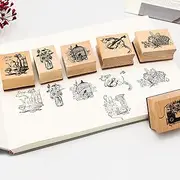 6PCS Wood Rubber Stamp Set, Multipurpose Vintage Rubber Seal, Art Stamps for Scrapbook, DIY Card Making, Bullet Journals and Arts & Craft