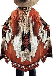 [JAWINT] Women Vintage Tribal Knitted Cardigan Sweater Coat Western Casual Open Front Outwear with Pocket