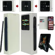 [Vitodo] for Galaxy Z Fold 5 Case with S Pen Holder - Genuine Leather Wallet Case Built in Slide Camera Cover, Card Slot, Kickstand, Hinge Protection Phone Cover for Samsung Galaxy Z Fold5 5G (White)