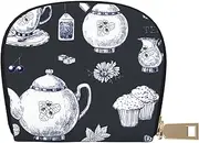 [JEJEA] Hand Drawn Teapots and Cups Print Credit Card Holder Wallet, Small Card Holder Wallet with Zipper,Leather Card Holder, White, One Size