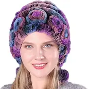 [DuBom] Women's Faux Fur Hat,Winter Stretch Russian Hat for Women - Fluffy Warm Hat for Women Men with 3 Pom Pom, Flowers Striped Soft Knitting Hat
