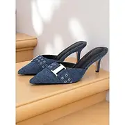 Women's Pointed Toe Denim Mules with Buckle and Eyelet Detail - Casual Chic Slip-On Heels for Everyday Outfits and Romantic Dates