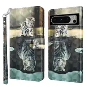3D Pattern Printing Phone Case for Google Pixel 8,Wallet Stand PU Leather Cover with Strap and Tiger