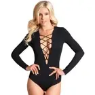 Long Sleeve Bodysuit Faux Lace Up Front Plunging Neckline Cheeky Cut 1768 L/XL