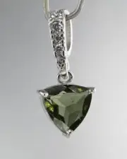 Faceted 8 mm MOLDAVITE Trill Cut with Cubic Zirconia 925 Silver Pendant with COA