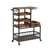 Ihomdec Bar Cart On Wheels With Wine Rack And Glass Holder, Removable Wood Tray Rustic Brown