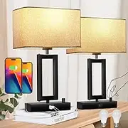 Eocean Bedside Lamps Set of 2 with Rotary Switch, Dimmable Table Lamps with 2 USB Charging Ports, LED Warm White Light Nightstand Bedroom Lamps for Home Living Room Reading - Grey Fabric Shade