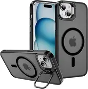 for iPhone 15 Case with Metal Camera Stand [Compatible with Magsafe] Full Protection Shockproof Cover Translucent Magnetic Case for iPhone 15 (Black)