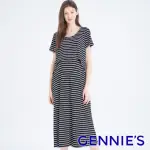 【GENNIES 奇妮】親膚層次哺乳洋裝-黑底白條(哺乳衣 短袖哺乳衣 連身長裙 長洋裝 假二件 上掀哺乳)