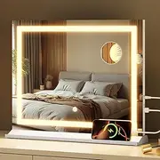 Memobarco Vanity Mirror with Lights 23" x 18" White Makeup Mirror Hollywood Mirror with LED 3 Color Modes 5X Magnification & USB Charging Port Mirror for Bathroom or Wall-Mounted