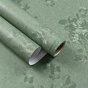EaseStick 15.7"x472" Sage Green Peel and Stick Wallpaper Self Adhesive Embossed Green Contact Paper for Cabinets Vintage Textured Green Vinyl Wrap Thick Removable Wall Paper for Bathroom Walls Shelf
