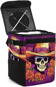 Car Trash Can with Lid,Bag Hanging Storage Pockets Leak-Proof,Portable Garbage Bin,Vintage Mexican Sugar Skull