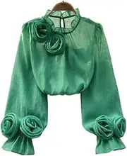 [TMTGTS] Chiffon Tunic Blouse with Roses Puff Sleeves Tops Lantern Long Sleeve Long Sleeve Mesh Top Mesh Sheer Top Long Sleeve Shirt Tops Loose Fit Shirt Round Collar Blouse for Women Spring Autumn Summer