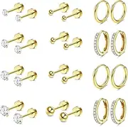 [Kakonia] Hypoallergenic Earrings for Sensitive Ears 14K Gold Flat Back Earrings for Women Men Small Stainless Steel Earrings Flatback Stud Hoop Cartilage Earring Set for Multiple Piercing