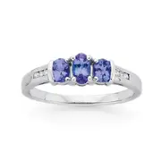 9ct White Gold Tanzanite & Diamond Trilogy Ring in Blue