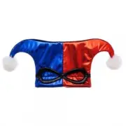 DC COMICS HARLEY QUINN RED BLUE SUIT UP LAME HAT W/ MASK COSPLAY COSTUME JESTER