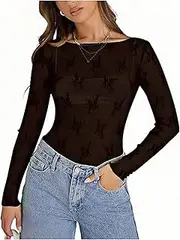 [OOHOKAY] Women's Mesh Top Mesh Sheer Basic Shirt Sexy Blouse Transparent Tops Transparent Long Sleeve Lace Top
