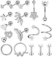 [Generic] 16G Cartilage Earring Studs Hoops Set 316L Stainless Steel Cartilage Piercing Jewelry for Women Men Conch Rook Helix Tragus Daith Forward Tragus Piercing Jewelry 17Pcs
