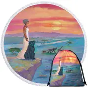 Art Painting the landscape of Africa Animals and African Queen Round Beach Towel