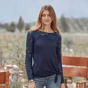 $128 NEW SUNDANCE Blue Anabella Top Elegant Tee Lace Tie Front Heathered S