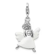 Sterling Silver Amore La Vita Rhodium-Plated Polished 3-D White Enameled Crystal From Swarovski Angel Charm With Fancy Lobster Clasp